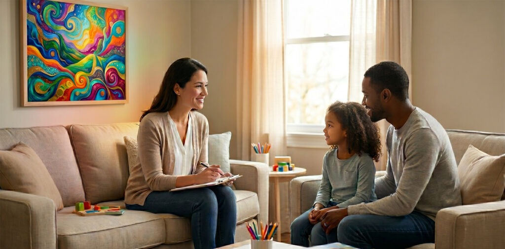 A woman with a clipboard speaks to a man and a young girl sitting on a couch in a cozy, sunlit living room decorated with colorful artwork and art supplies.
